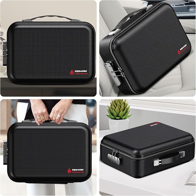 Fireproof Document Box with Lock, Large Hard Fireproof File Organizer Heat Insulated Fireproof Waterproof Box Portable Home Travel Safe Storage for Important Documents Files Laptop Passports Black