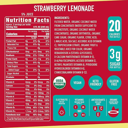 ROAR Complete Hydration Organic - Electrolyte Drinks Loaded with Vitamins C, B5, B12 - Non-GMO, Gluten-Free - Strawberry Lemonade - 12 pc