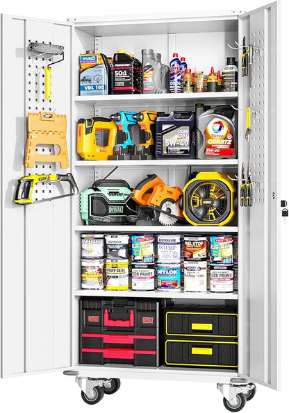 Greenvelly 72" Metal Storage Cabinet with Wheel and Pegboard, Lockable White Metal Garage Cabinets with 2 Doors and 4 Adjustable Shelves, Rolling Steel Tool Cabinet for Garage, Home Office, School