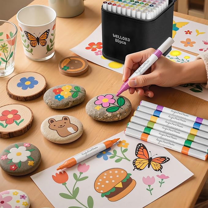 Acrylic Paint Markers, 80 Colors Acrylic Markers, Dual Tip Fabric Paint Pens for Rocks, Wood, Glass Painting, Coloring Books,Paper, DIY Crafts Art Supplies for Adult, Strong Coverage