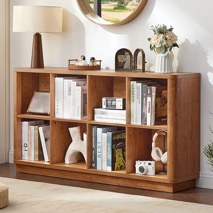 8 Cube Storage Book Shelf, 52" Long Horizontal Bookshelf with Curved Edge, Floor Standing Wooden Cubby Bookcase with Base, Modern Low Console Book Case, TV Stand for Living Room, Orange Oak