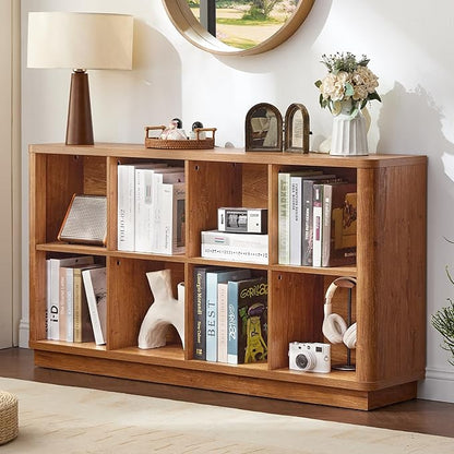 8 Cube Storage Book Shelf, 52" Long Horizontal Bookshelf with Curved Edge, Floor Standing Wooden Cubby Bookcase with Base, Modern Low Console Book Case, TV Stand for Living Room, Orange Oak