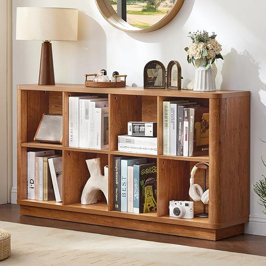 8 Cube Storage Book Shelf, 52" Long Horizontal Bookshelf with Curved Edge, Floor Standing Wooden Cubby Bookcase with Base, Modern Low Console Book Case, TV Stand for Living Room, Orange Oak
