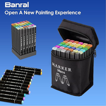 Banral 36 Colors Alcohol Markers Set, Dual Tip Alcohol Based Art Marker for Artists Kids Adult Coloring, Permanent Illustration Sketch Pens for Drawing with Case and Holders
