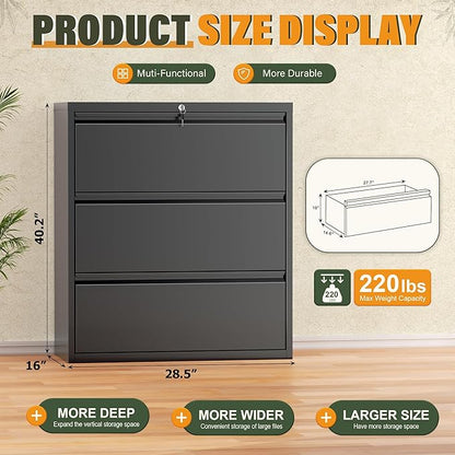 Greenvelly Lateral File Cabinet 3 Drawer, Lockable Metal Filing Cabinet for Home Office, Black Metal File Cabinet with Lock for Legal/Letter/A4/F4 Size with Hanging Bars&Key