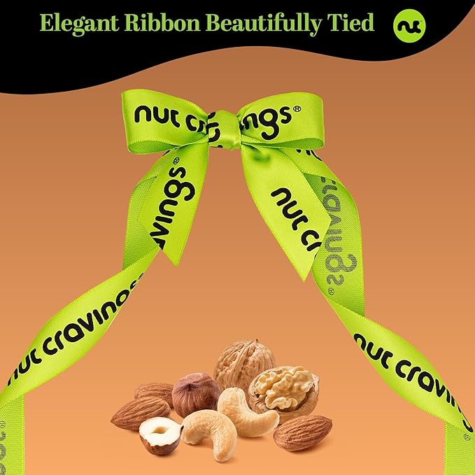 NUT CRAVINGS - Thanksgiving Mixed Nuts Gift Basket in Reusable Wooden Tray + Green Ribbon (12 Assortments) Holiday Xmas Christmas Food Arrangement, Healthy Snack Care Package