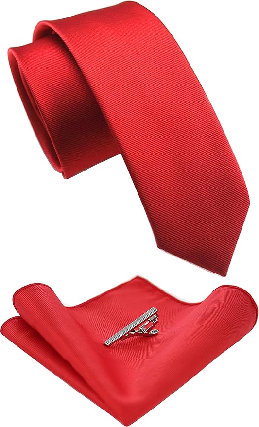 JEMYGINS 2.4" Solid Color Skinny Tie and Pocket Square with Tie Clip Sets for Men (6cm)