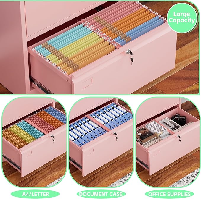 SUXXAN Metal 2 Drawer Lateral File Cabinet with 2 Lock - Wide Filing Cabinet for Letter/Legal/F4/A4 Hanging Files - Includes Business Card Holder,Home Office School Storage,Pink