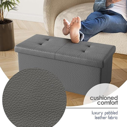 Storage Ottoman Bench with Bins, 30-in Storage Bench for Bedroom End of Bed, Folding Foot Rest Ottoman for Living Room Max 660lbs, Faux Leather Ottomans, Grey