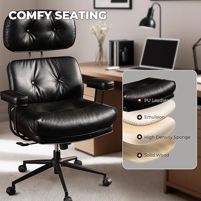 Ergonomic High Back Office Chair, PU Leather Home Office Desk Chairs with Wheels, Lumbar Support Swivel Computer Chair with Rocking Function, Black