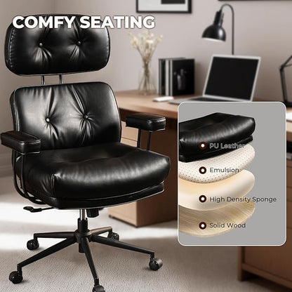 Ergonomic High Back Office Chair, PU Leather Home Office Desk Chairs with Wheels, Lumbar Support Swivel Computer Chair with Rocking Function, Black