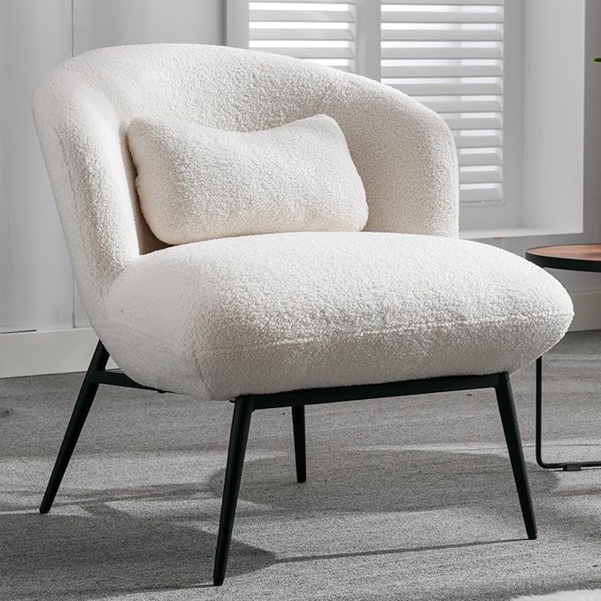 DUOMAY Modern Accent Chairs Set of 2, Sherpa Upholstered Leisure Boucle Single Sofa Lounge with Lumbar Pillow Metal Legs Slipper for Living Room Bedroom Office, White