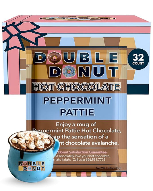 Double Donut Flavored Hot Chocolate Packets, Peppermint Pattie, Peppermint Hot Chocolate, Hot Peppermint Cocoa Mix, 32 Count (Pack of 1)