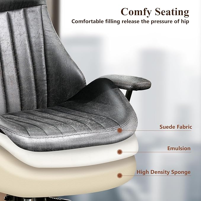 Mid Century Modren Office Chair,High Back Ergonomic Executive Chair with Lumbar Support, Computer Desk Swivel Task Chair with Wheels, Faux Lether Suede Fabric Home Chair (High Back, Grey)