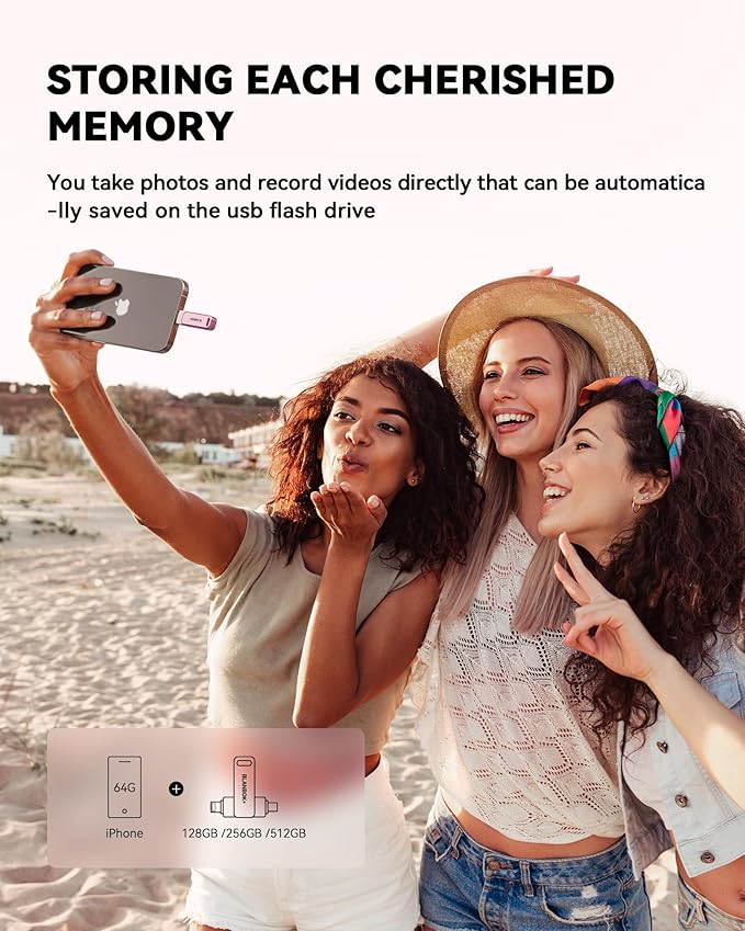 BLANBOK+MFi Certified 512GB iPhone Photo Stick, USB Flash Drive for Photo/Video Backup, High-Speed Thumb Drive Compatible for iPhone/iPad/Android/PC (Pink)