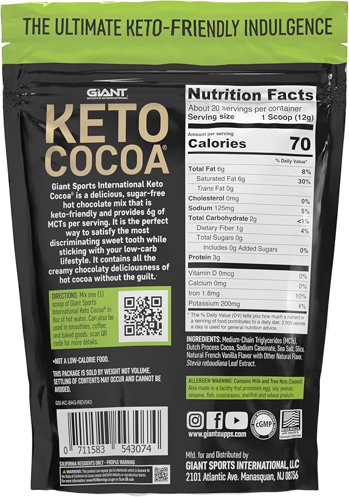 Keto Cocoa | Delicious Sugar Free Instant Hot Chocolate Mix with 6g of MCTs for Ketogenic Diet Low Carb Lifestyle | No Gluten | 20 Servings