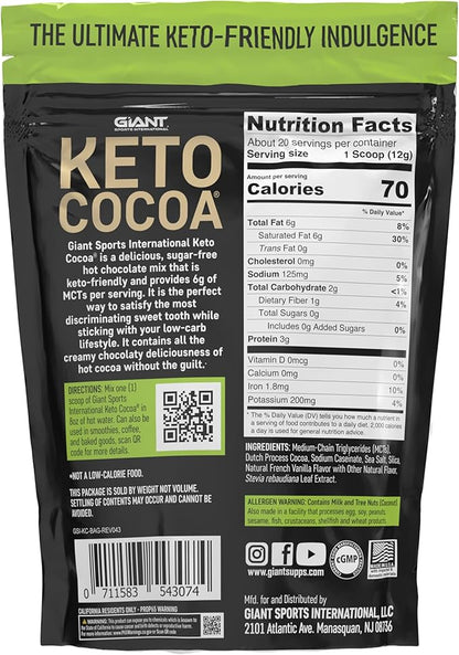 Keto Cocoa | Delicious Sugar Free Instant Hot Chocolate Mix with 6g of MCTs for Ketogenic Diet Low Carb Lifestyle | No Gluten | 20 Servings