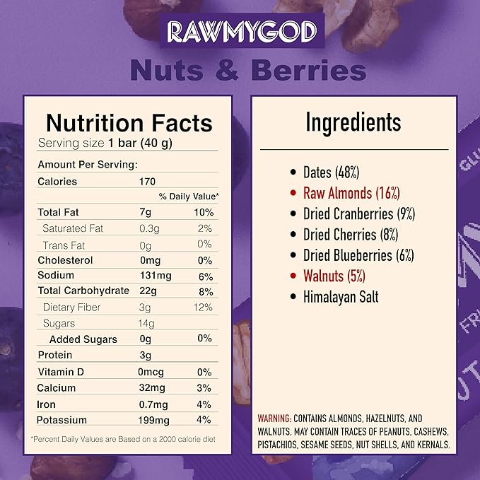 RAWMYGOD Fruit and Nut Bars, Gluten Free, Vegan, No Added Sugar (16 bars, Nuts & Berries)