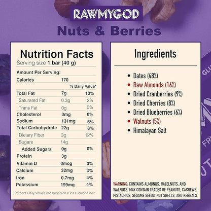 RAWMYGOD Fruit and Nut Bars, Gluten Free, Vegan, No Added Sugar (16 bars, Nuts & Berries)