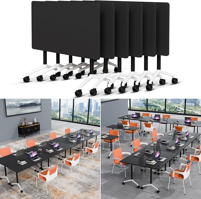 Folding Conference Table Modern Large Mobile Meeting Table Rolling Conference Room Tables with Wheels Seminar Tables for Office Training Classroom (6, Black, 47.2" D X 23.6" W X 29.5" H)