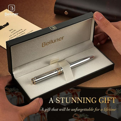 BEILUNER Silver Chrome Rollerball Pen, Diamond-Studded Cap Design, 24K Gold Trim, Noble and Elegant, Schneider Ink Refill, Best Pen Gift Set for Women & Men, Professional, Business Office, Nice Pens