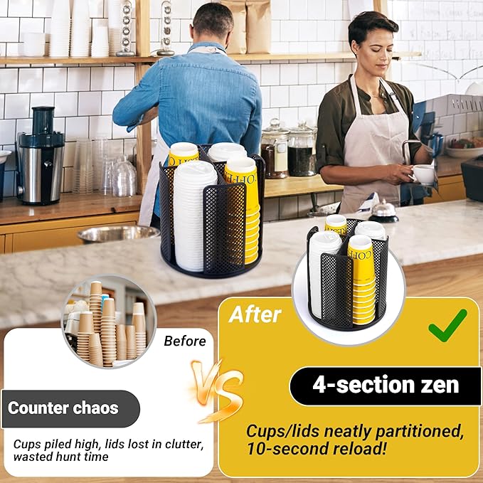 4-Compartment Rotating Paper Cup Holder & Coffee Cup Lid Storage Dispenser, Plastic Cup Dispenser Removable, Space-Saving Countertop Cup Holder for Coffee Bars, Kitchens (Black)