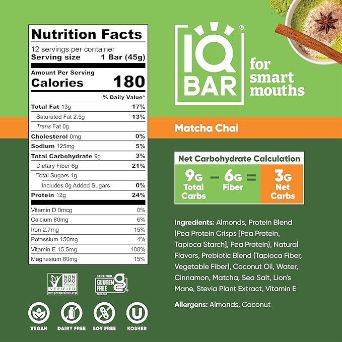 IQBAR Brain and Body Plant Protein Bars - Matcha Chai - 12-Count - Keto, Vegan, Low Carb, High Fiber, Gluten Free, Dairy Free, Low Sugar Snack with Nutrients for Focus, Energy, Meal Replacement