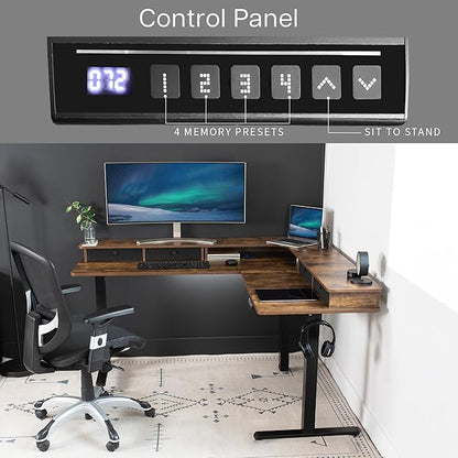 VIVO Electric 2-Tier Corner L-Shaped 63 x 55 inch Standing Desk, Height Adjustable, Memory Controller, Rustic Vintage Brown Top Black Frame, Black Drawers, DESK-E3CVN