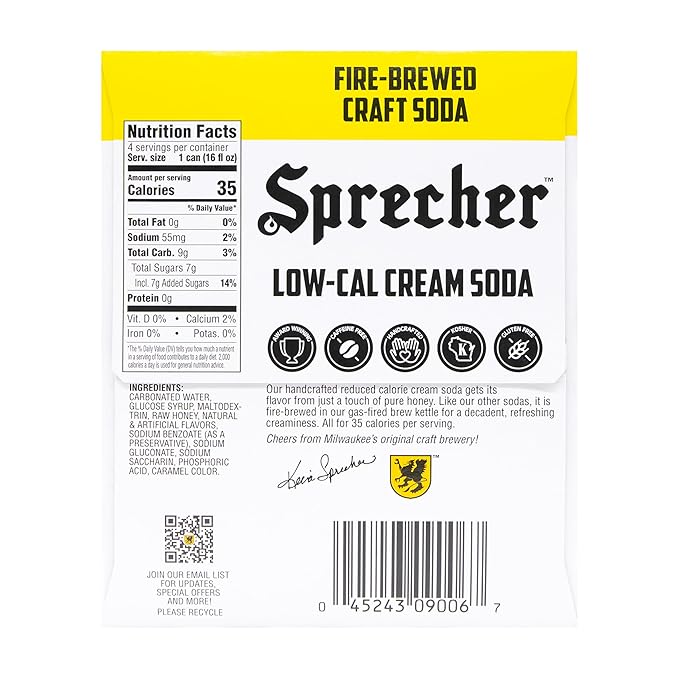 Sprecher Low-Cal Cream Soda, Fire-Brewed Diet Soda with Real Honey, Handcrafted Reduced Calorie Cream Soda, Caffeine-Free Gourmet Beverage – 16 fl oz Cans (12 Pack)