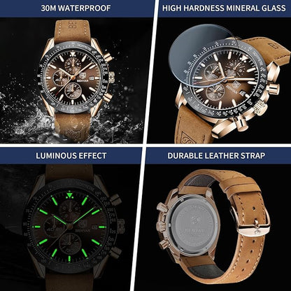 BY BENYAR Watch for Men Analog Quartz Chronograph Waterproof Luminous Designer Mens Wrist Watches Business Work Sport Casual Dress Watch with Silicone Strap Elegant Gifts for Men