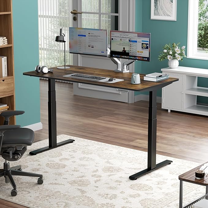 Pro 3 Stages Dual Motor 59 x 30 in Electric Standing Desk with One Piece Desktop, Adjustable Height, Sit to Stand Up Desk for Home Office, Work Study, Black Frame & Brown Desktop (2 Packages)
