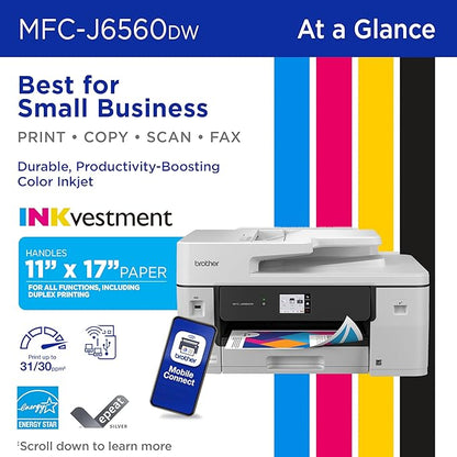 Brother INKvestment 6560 Wireless Color Inkjet All-in-One Printer with 11”x17” Capabilities and 2.7” Color Touchscreen | Includes Refresh Subscription Trial(1) (MFC-J6560DW)