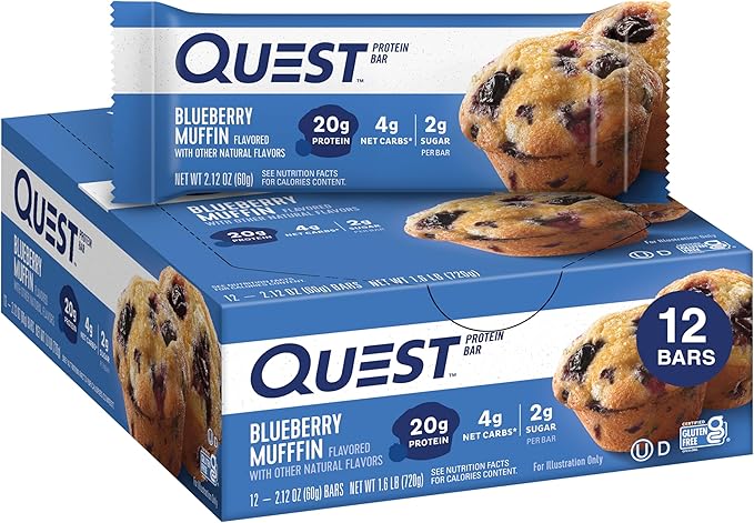 Quest Nutrition Blueberry Muffin Protein Bars, 20g Protein, 2g Sugar, 5g Net Carb, High Fiber, Gluten Free, Keto Friendly, 12 Count