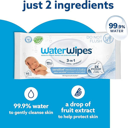 WaterWipes Sensitive+ Newborn & Baby Wipes, 3-In-1 Cleans, Cares, Protects, 99.9% Water, Unscented & Hypoallergenic, 240 Count (4 Packs)