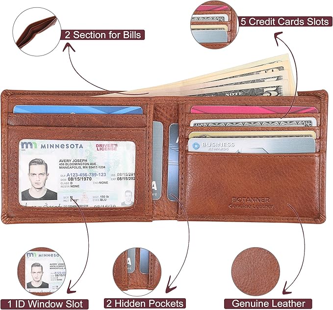 Genuine Leather Mens Bifold Wallet RFID Blocking 5 Credit Card Slots 1 ID Window 2 Sections for Bills 2 Additional Slots | Coffee brown