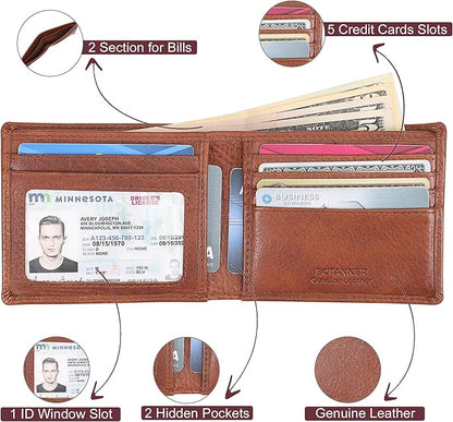 Genuine Leather Mens Bifold Wallet RFID Blocking 5 Credit Card Slots 1 ID Window 2 Sections for Bills 2 Additional Slots | Coffee brown