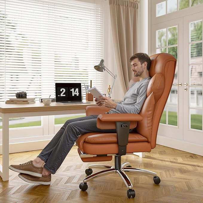 Ergonomic Office Chair with Foot Rest and Arms,Big and Tall Leather Executive Office Chair with Wide&Deep Seat Thickened,Reclining Comfy Desk Chair with High Back and Lumbar Support,Brown