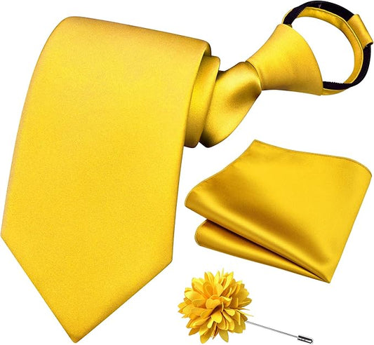 Branduce 3.15"（8cm） Pre-tied Adjustable Zipper Tie and Lapel Pin Solid Necktie Handkerchief Set for Men