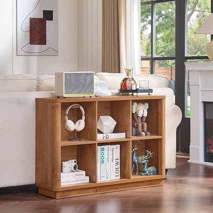 6 Cube Storage Book Shelf, 40" Wide Low Horizontal Bookcase with Curved Edge, Floor Standing 2-Tier Wooden Bookshelf with Base, Modern Short Book Case for Bedroom, Study, Entryway, Orange Oak