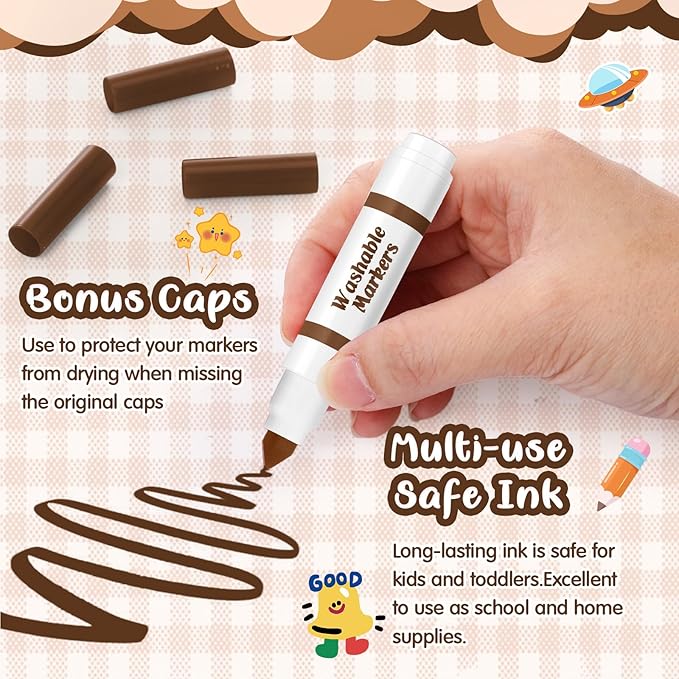 Janlaugh 30 Pcs Mini Washable Markers Bulk Broad Line Conical Tip Washable Mark Pen Set Short Coloring Paint Pen for Art Projects Teacher Party Favors(Brown)