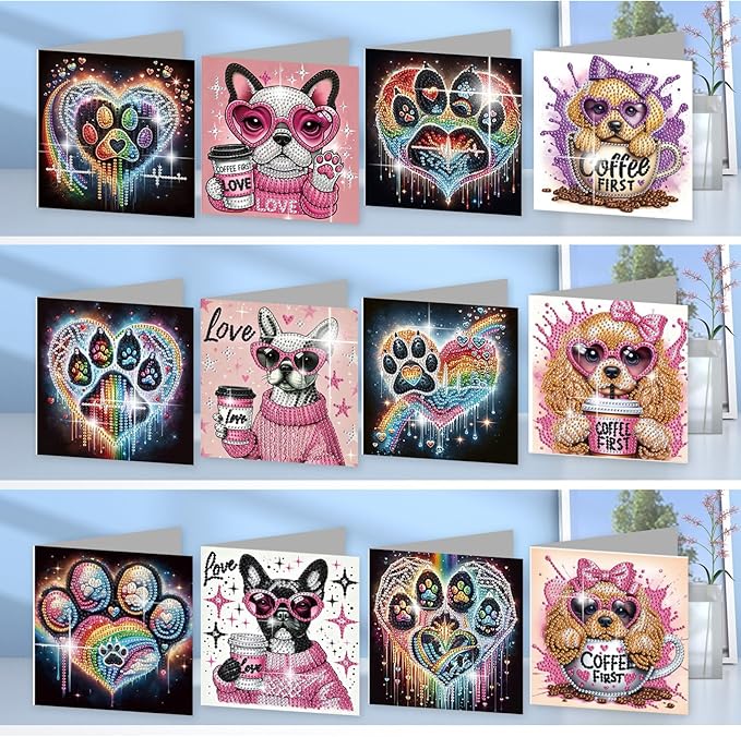 jinglinhh 12pcs Diamond Art Painting Dog Paws Greeting Cards with Envelopes, DIY Card Making Kits for Adults, Diamond Art Christmas Cards for Birthday Holiday Postcards Craft Gifts