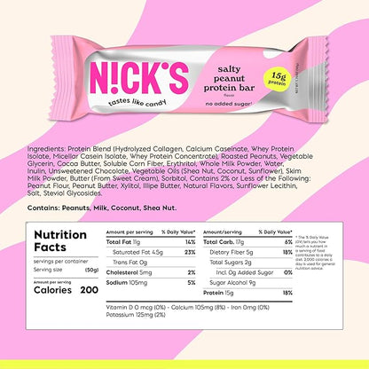 NICKS Protein Bars Chocolate Peanut | 15g protein | 200 calories | Low Carb Keto Friendly Snacks No Added Sugar (Multipack 12 bars x 50g)