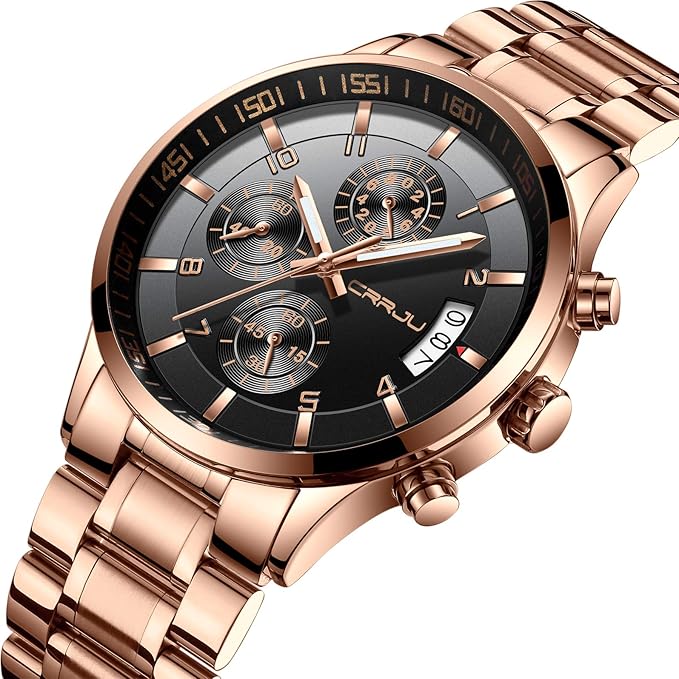CRRJU Men's Fashion Stainless Steel Watches Date Waterproof Chronograph Wristwatches,Black Steel Band Waterproof Quartz Watch for Men