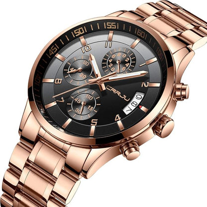CRRJU Men's Fashion Stainless Steel Watches Date Waterproof Chronograph Wristwatches,Black Steel Band Waterproof Quartz Watch for Men