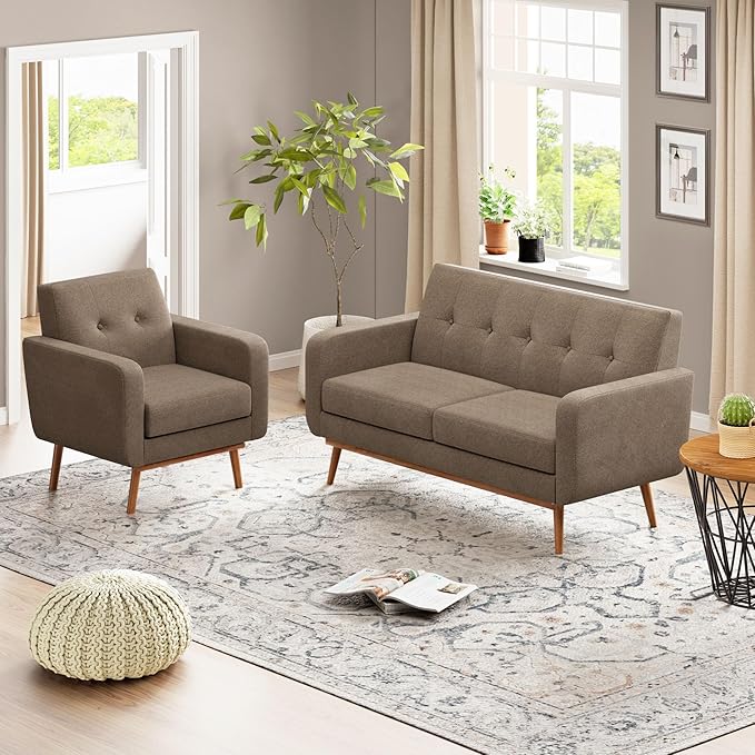 HUIMO Living Room Set, Button Tufted Living Room Furniture Sets, Upholstered Modern Couch Set with Solid Frame, Deep Seat Sofa Set for Living Room, Office (Brown, 2 Piece Set-loveseat+Chair)
