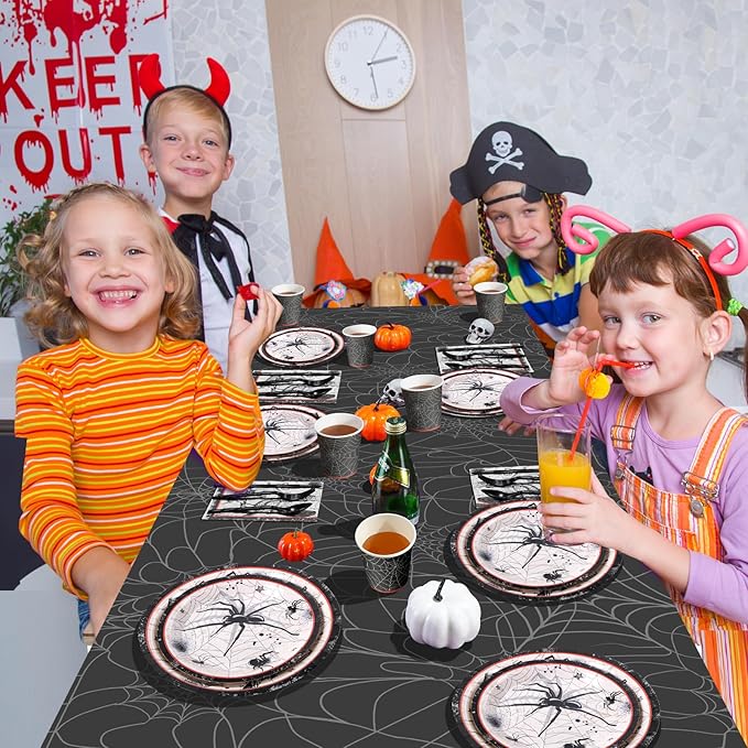 Halloween Party Plates Supplies,Disposable Vintage Skull,Spider Web Tableware Paper Plates and Napkins Cups Knives Spoons Forks for Halloween Birthday Baby Shower Party Decorations,Serve 25 Guests