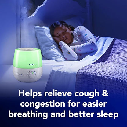 Vicks NaturalCare Cool Mist Ultrasonic Humidifier, Small Room Humidifier for Bedroom, Diffuser with Nighttime Light, Works with Vicks VapoPads, White