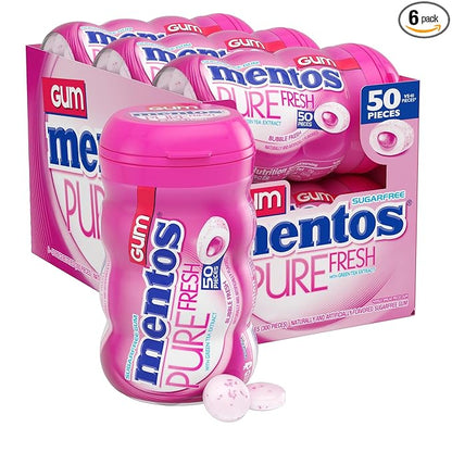 Mentos Pure Fresh Holiday Sugar-Free Chewing Gum with Xylitol, Bubble Fresh Flavor, Christmas Stocking Stuffers for Adults & Kids, Bubble Gum, 50 Piece Bottle (Bulk Pack of 6)