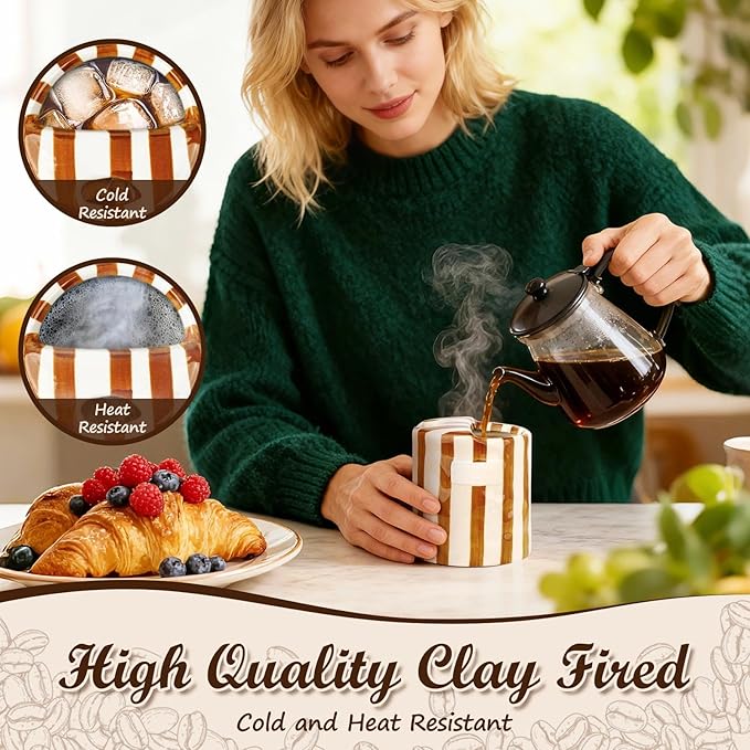 Novelty Ceramic Coffee Mug Designed to Look Like a Gift Box, 10oz Retro Hand-Painted Ceramic Travel Mug, Brown & White Striped, Microwave & Dishwasher Safe, Perfect Present for Coffee Lovers (Brown)