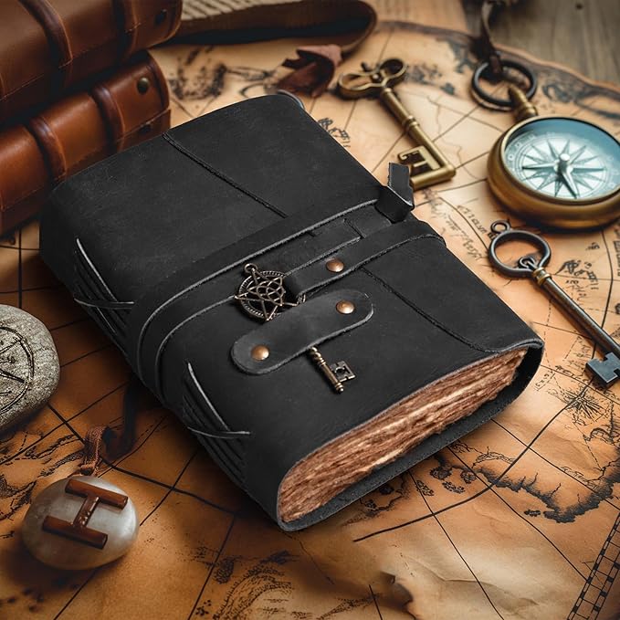 LEATHER VILLAGE Leather Bound Vintage Journal for Women & Men - 7"X5"(A7), Distressed Black, 200 Pages of Handmade Deckle Edges Watercolor Paper - Antique Lock Closure - Book of Shadow